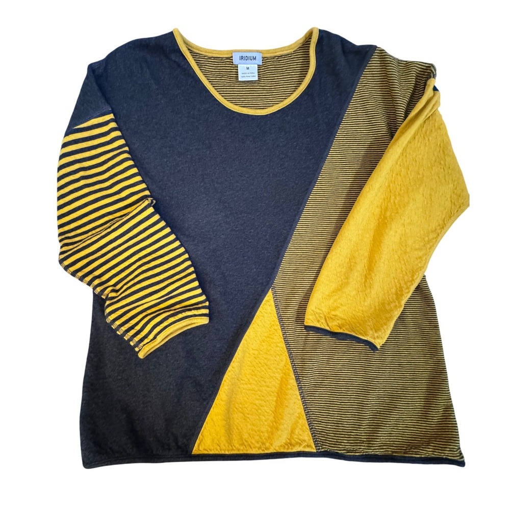 Iridium Pima Cotton Colorblock Stripe Top Mustard Grey Geometric Peru Womens M